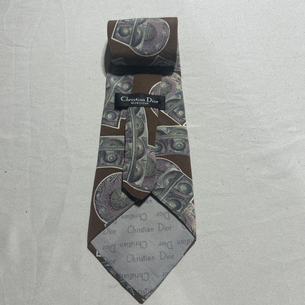 Christian Dior Monsieur Vintage Silk Tie Brown Purple Geo Abstract 60 Extra Long